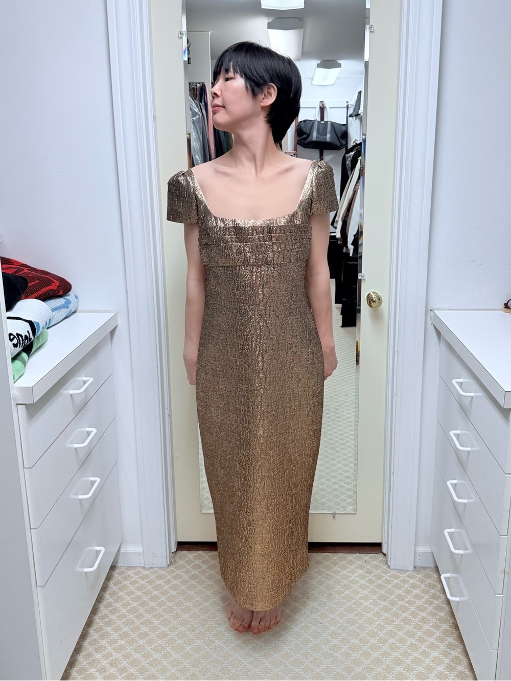 NWOT Roland Mouret Metallic Gold Square-Neck Midi Dress, Size US 6